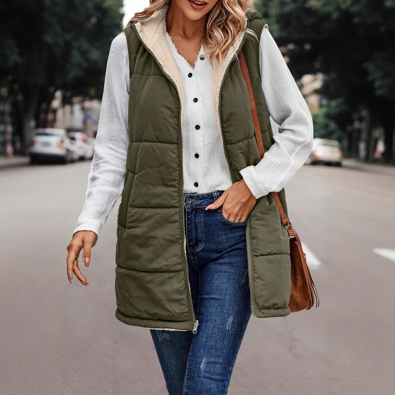 2023 Amazon European and American Solid Color Hooded cotton-padded jacket Vest Double-sided Wear Slim-fit Elegant Cardigan Jacket Top 2023 Amazon European and American Solid Color Hooded cotton-padded jacket Vest Double-sided Wear Slim-fit Elegant Cardigan Jacket Top