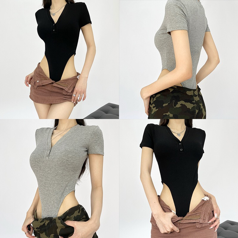 Vintage conjoined thread button V-neck conjoined base shirt T-shirt top waist slim-fit short sleeve sexy hot girl Vintage conjoined thread button V-neck conjoined base shirt T-shirt top waist slim-fit short sleeve sexy hot girl