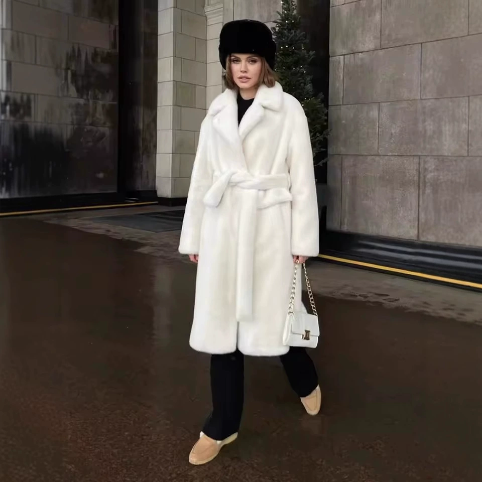 Трансграничный новый зимний толстый меховый пиджак мода удлиненные имитационные шубы пояс мягкий имитационный кролик шерсть женская одежда