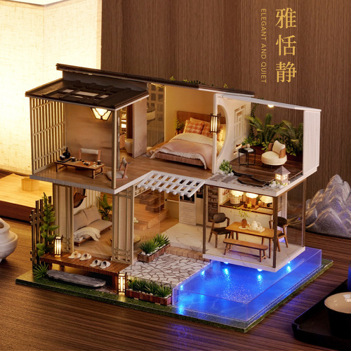 Premium Gift Smart House DIY Small House Tranquil and Elegant Assembled Two-Story Wooden Villa Model Toy Wholesale