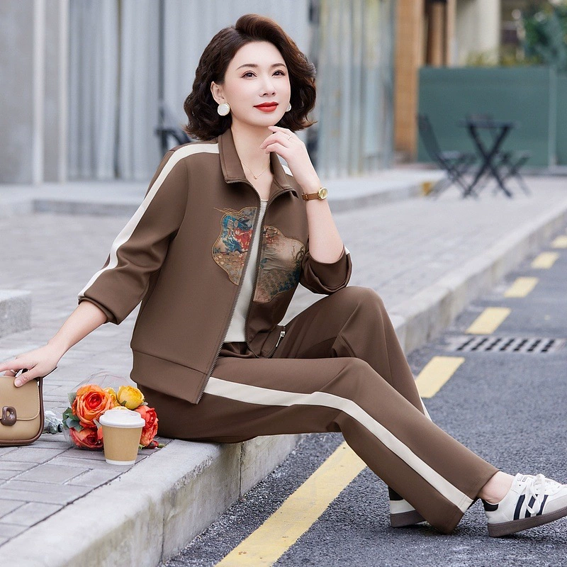 Средний и пожилой женский кардиган на молнии со стоячим воротником 2025 новый весенний и осенний набор из двух частей