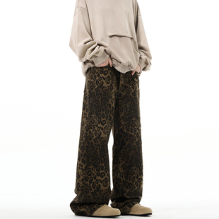Cross-border High Street Original New American Style Retro Leopard Print Jeans Straight Loose Men's vintage Casual Pants