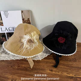 夏天大沿优雅花朵渔夫帽女百搭出游遮太阳防晒百搭休闲带折叠盆帽