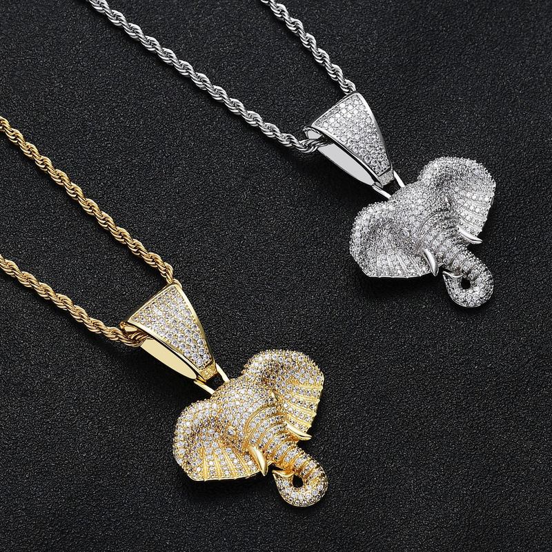 European and American Cross-border Fashion Trend Minimalist Luxury Full Diamond Elephant Head Hip-hop Pendant Necklace for Men and Women Daily All-match