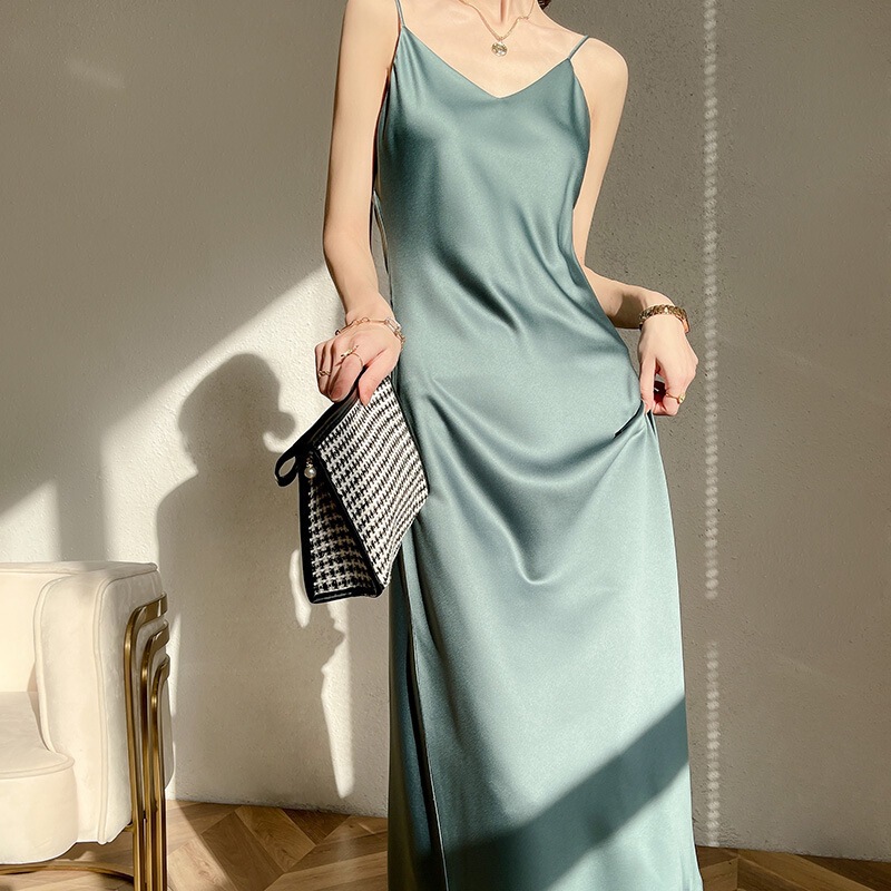 Simulated Silk Acetate Satin Suspender Dress for Women Spring, Summer and Autum New French Style Super Long Slim Fit for Women