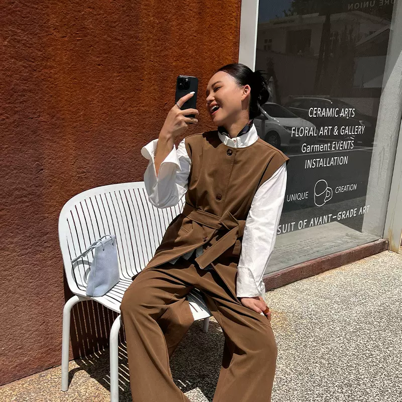 【特价不退不换 】NEIHE内赫单排扣女式皮马甲女秋季251385