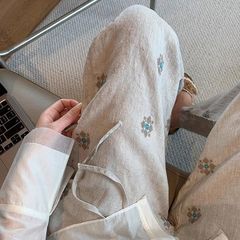 リラックスリネン刺繍デザインストレートカジュアルパンツ女性のための 2025 夏の新しいカジュアルレトロコットンとリネンパンツ