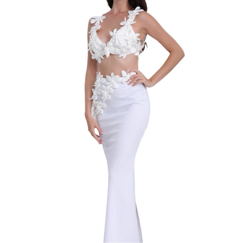 Ins Explosive Three-dimensional Flower Sling Small Vest Rear Split Long Dress Two-piece Set