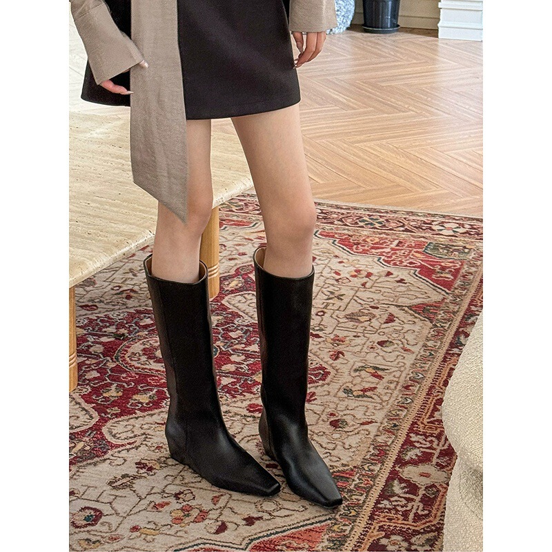 Cowhide Version ~ 5cm Taller Inside, Slimming Look Boots for Women, No More Than Knee-High Straight Square Toe Chelsea Boots, High Knight Boots