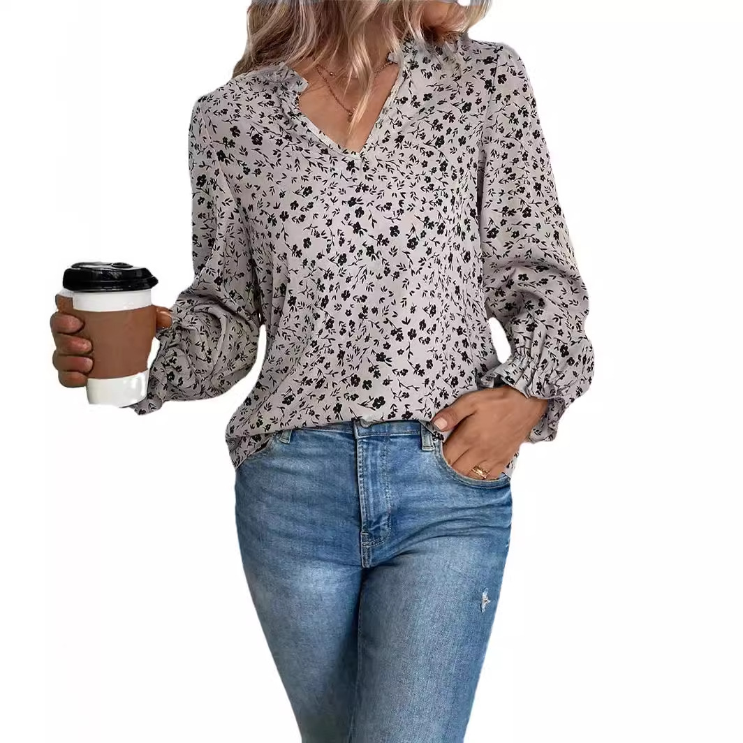 Oferta especial para exportación: Camisa estampada de manga larga con volantes y cuello en V, estilo floral, para mujer, de otoño, para Amazon y eBay.