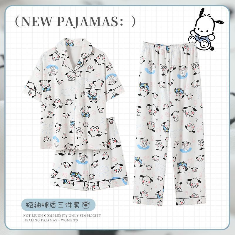 [Conjunto de tres piezas] 100% algodón pijamas de dibujos animados de verano de las mujeres de manga corta delgada de verano lindo desgaste del hogar al aire libre