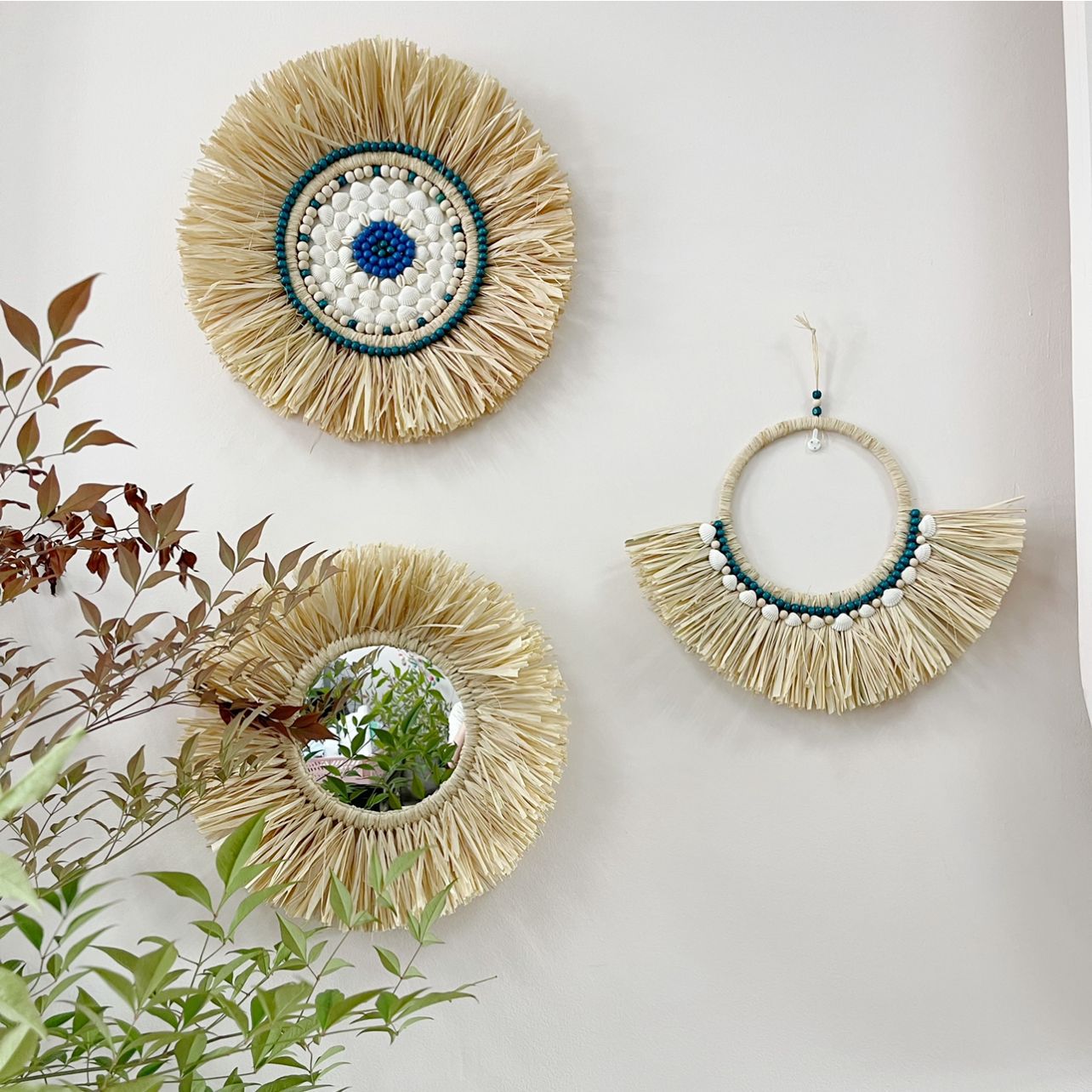 모로코 손-나무 구슬 밀짚 거울 거실 소파 배경 벽 입구 머리맡 벽 장식 홈스테이 교수형 장식