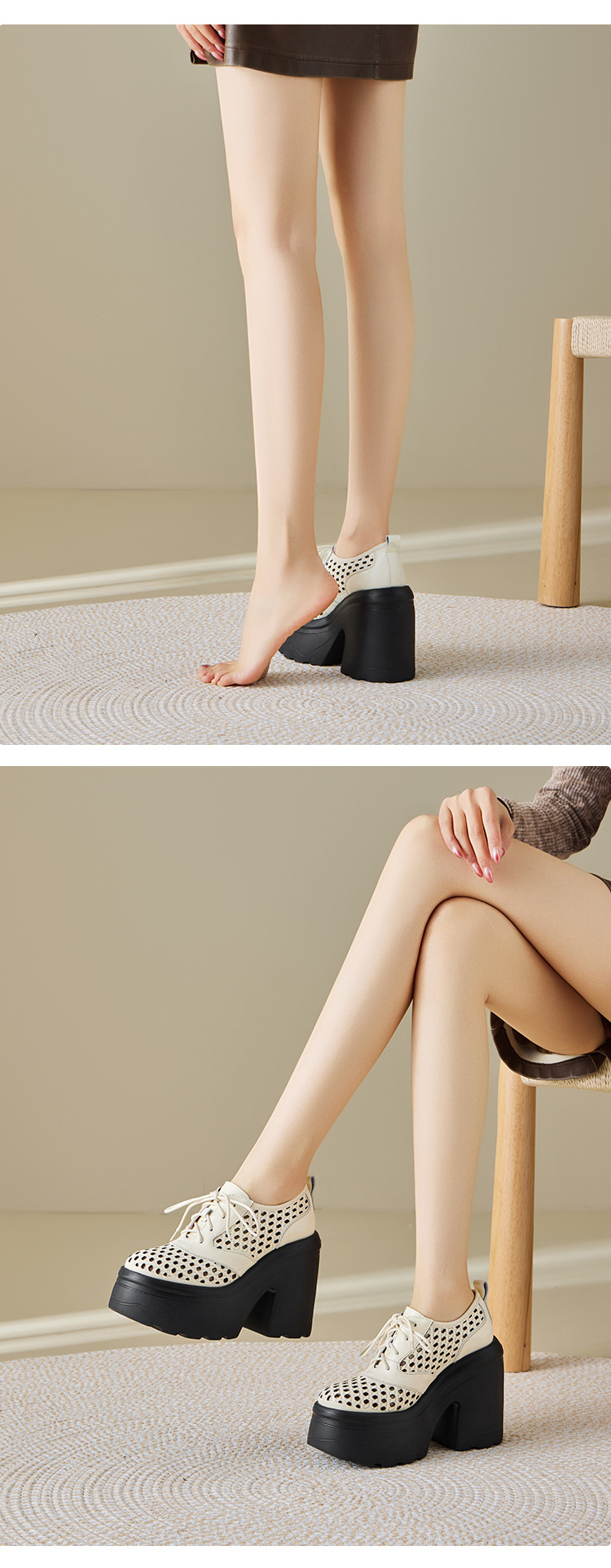 Giày loafer nữ gót cao đế xuồng platform da bò thật, phong cách hở mũi buộc dây thoáng khí — màu đen, màu trắng, màu đỏ chi tiết 9