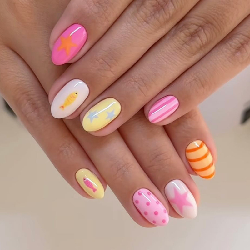 Starfish Summer Wearable Nails Small Fish Star Stripes Nail Pieces Removable Polka Dot Lines Fake Nails Nail Art Pieces Starfish Summer Wearable Nails Small Fish Star Stripes Nail Pieces Removable Polka Dot Lines Fake Nails Nail Art Pieces