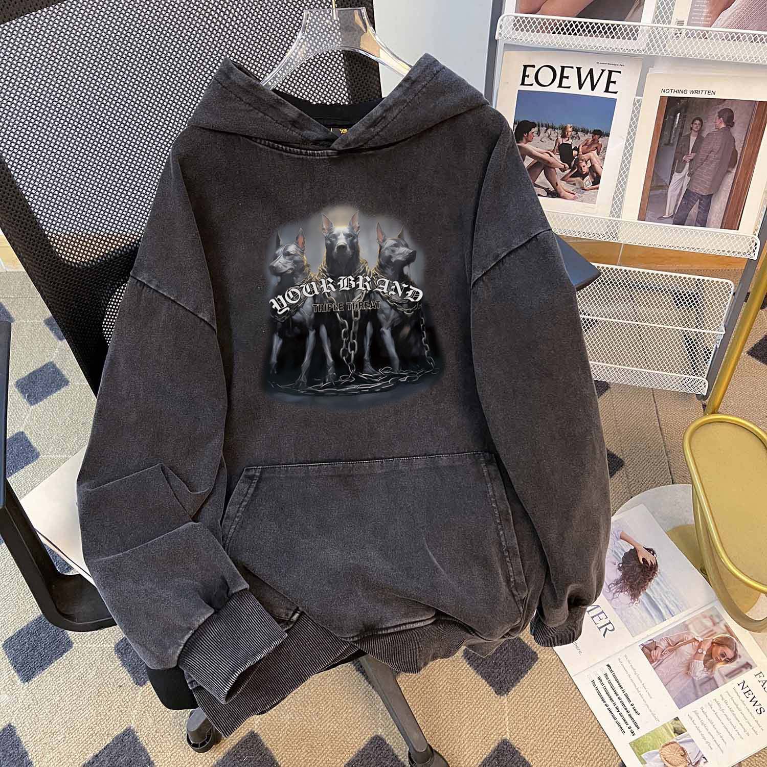 潮牌印花洗水复古纯棉华棉复合连帽卫衣美式水洗做旧蜡染宽松上衣