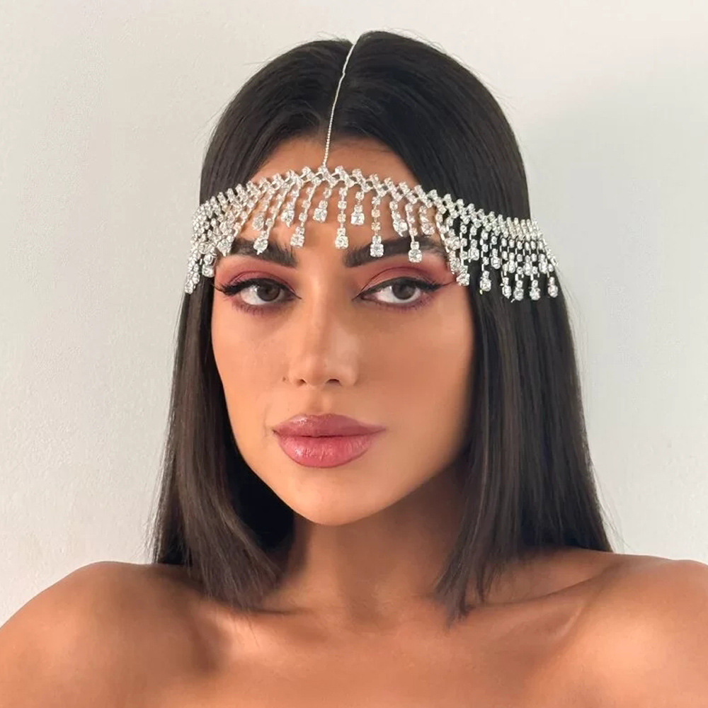Exotic rhinestone tassel forehead ornament, European and American personalized sparkling rhinestone forehead accessory, accessory for music festivals and banquets, handwear