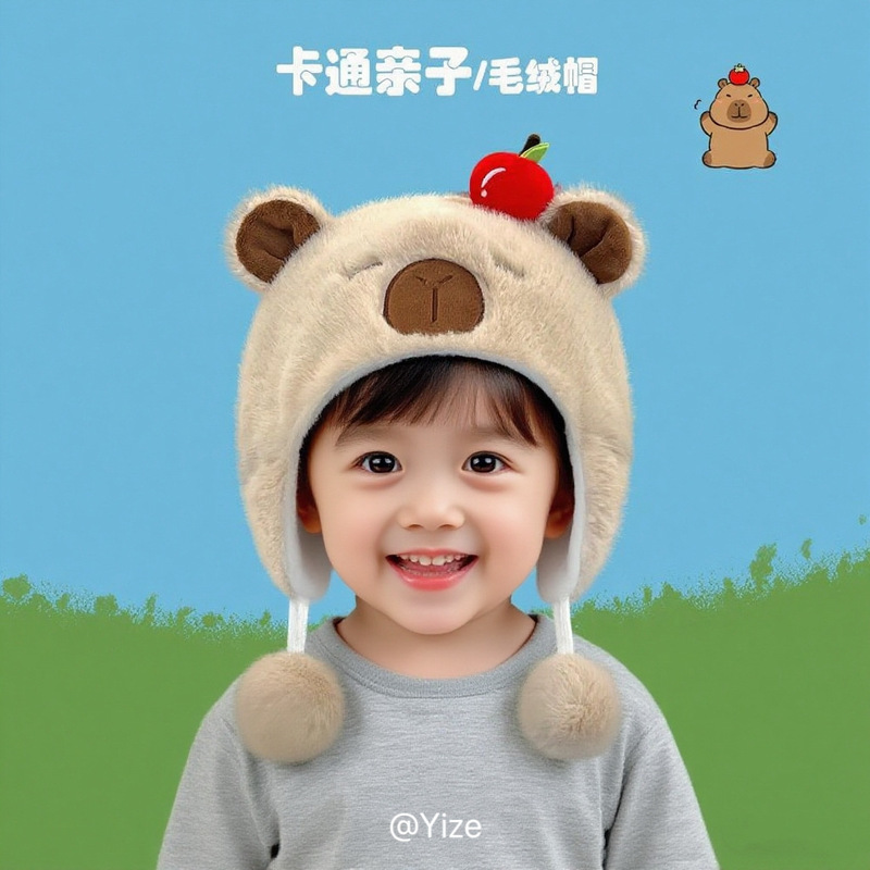 卡通儿童帽子围巾一体围脖保暖男女童毛绒帽秋冬季加绒宝宝护耳帽|undefined