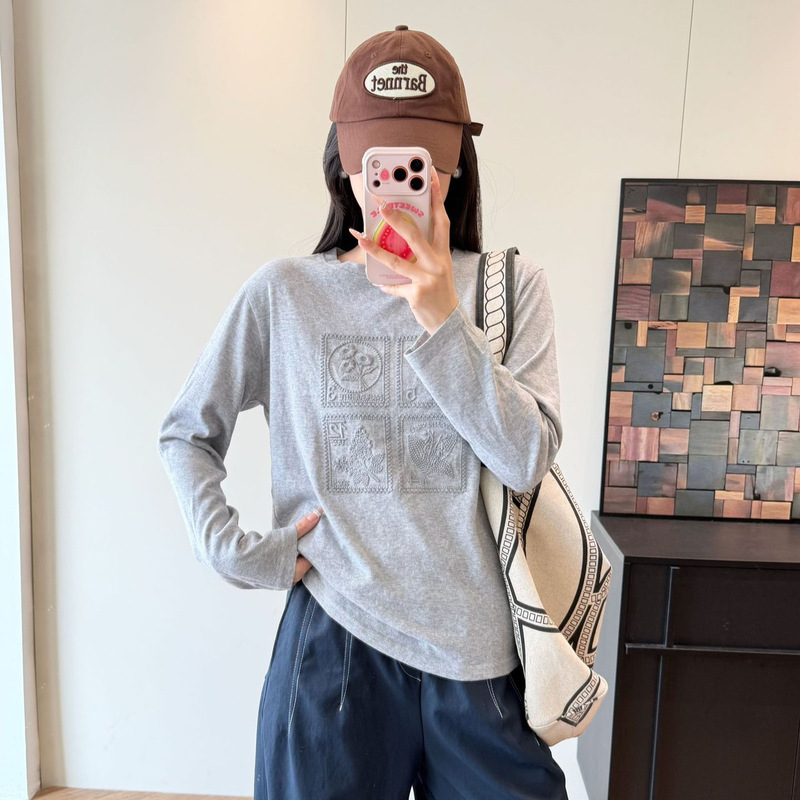 Heavy-duty four-panel embroidery vintage plant stamp long-sleeve T-shirt 0827e05
