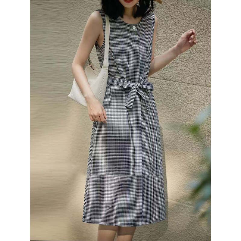 High-Quality Products on the Shelves! High-End Xiaohuo Back-Slit Dress~ Elegant and Simple Plaid Cool Summer Dress for Women