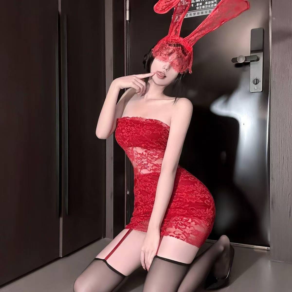 Retro Lace One-Shoulder See-Through Babydoll Dress with Garters and Veil Ears — detail image 5