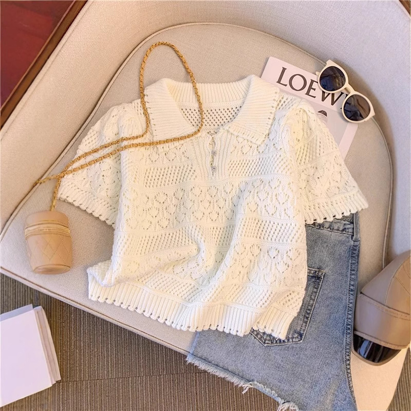 Summer Unique Chic Hollow Crochet Sweater Women's Sweet Loose POLO Collar Vest T-Shirt New Thin Top Summer Unique Chic Hollow Crochet Sweater Women's Sweet Loose POLO Collar Vest T-Shirt New Thin Top