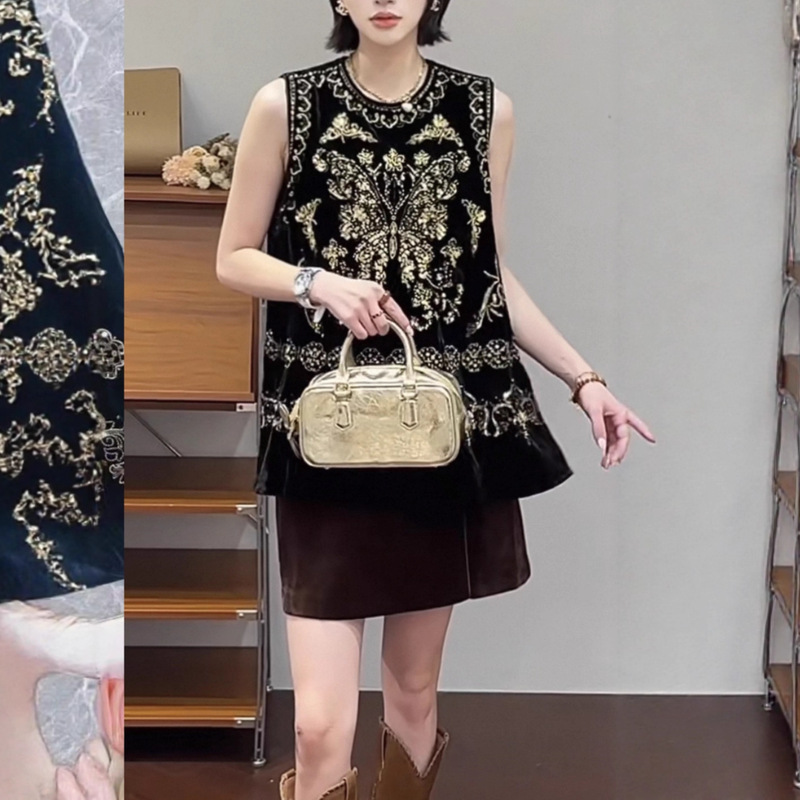 2025秋季新品真丝丝绒前后超重工满绣马甲女时髦洋气气质上衣 44|undefined