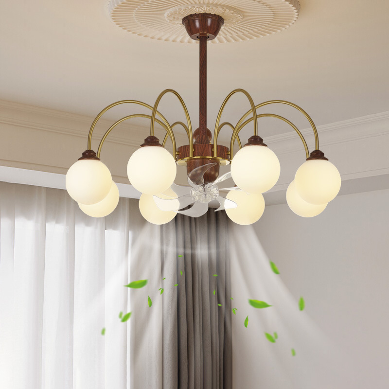 Lámpara de ventilador colgante de sala de estar Lámpara de araña de frijol mágico retro americano estilo antiguo vetas de madera de nogal retro lámpara de ventilador de viento grande de alta gama