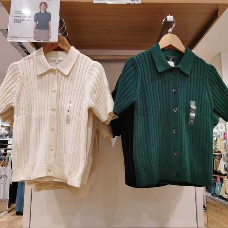 日单女装罗纹POLO领针织开衫短袖毛衣毛衫外套25新款针织衫479968|undefined