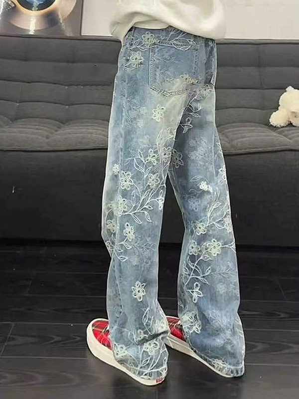 浅蓝色提花牛仔裤男款秋季新款痞帅高级感美式高街直筒百搭休闲裤|undefined