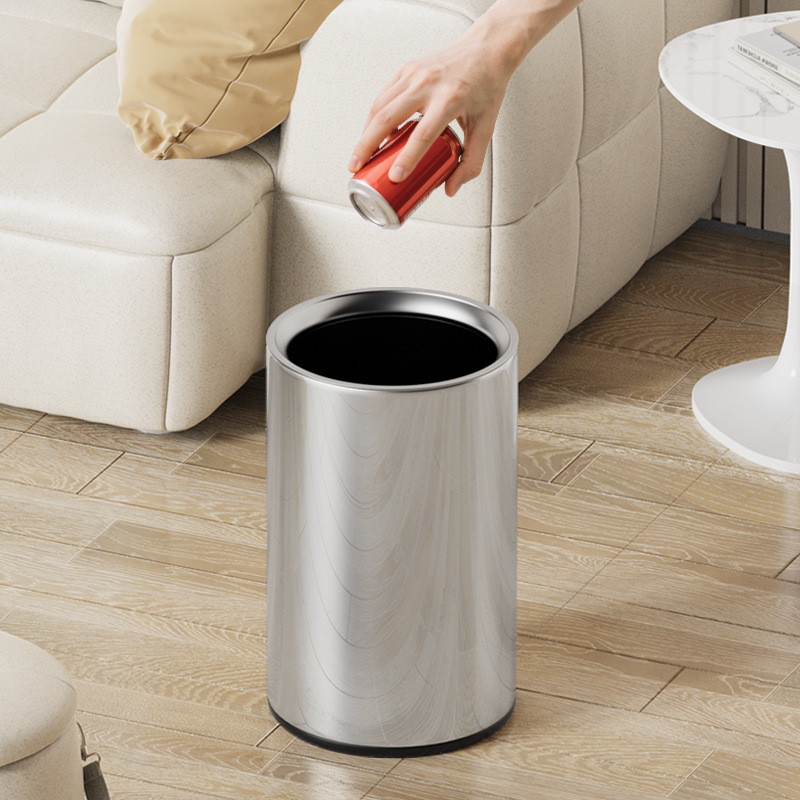 Large Double-Layer Trash Can for Home Living Room Round Stainless Steel Kitchen Bathroom Toilet Bedroom Simple Trash Can