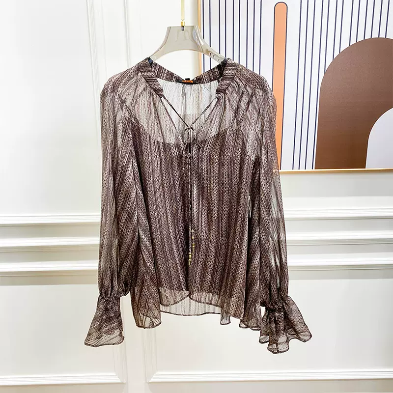 2024秋新款女士早秋法式系带宽松V领甜美优雅气质长袖衬衫上衣女