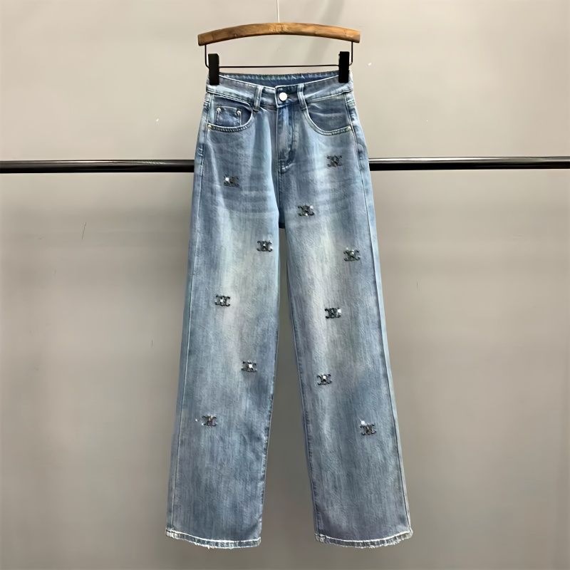 2026 Summer New Style Light Blue Letter Embroidery Rhinestone Denim Pants for Women High-Waisted Loose Slimming Wide-Leg Pants