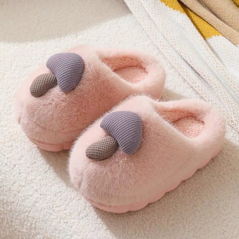 Zapatillas de invierno de suela gruesa de algodón con forma de seta bonitas para parejas femeninas, Zapatillas de felpa de dibujos animados para el hogar antideslizantes para padres e hijos