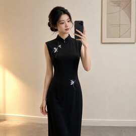 复古黑色无袖刺绣旗袍女新中式改良修身显瘦感大气大码夏图片色