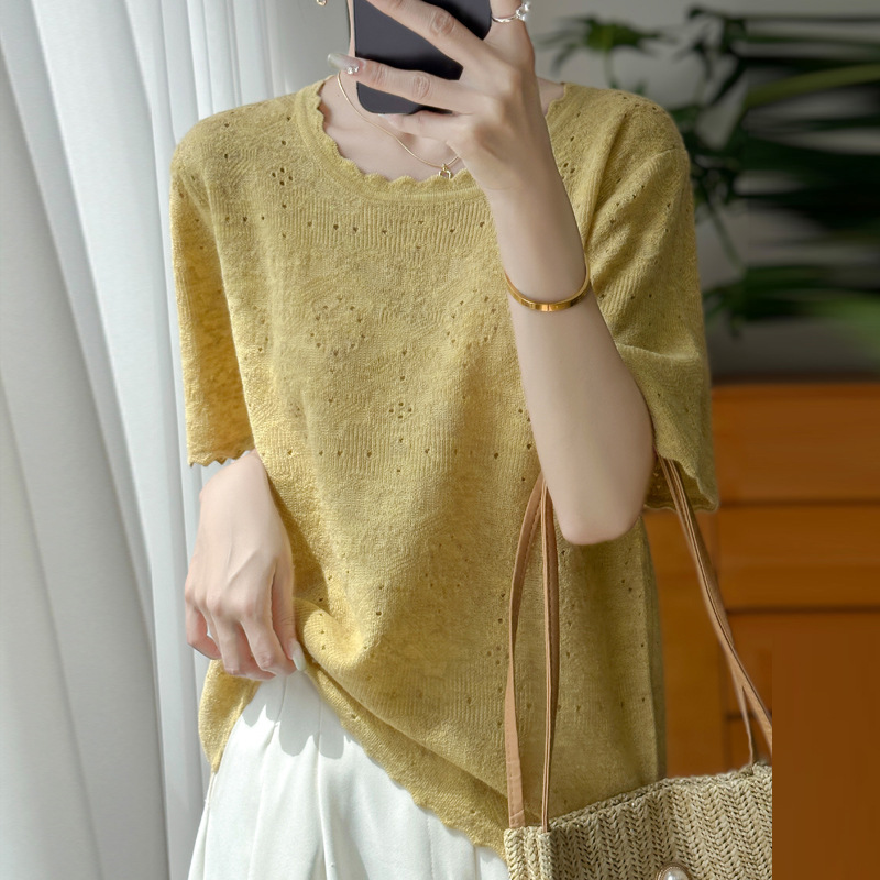 Style Elegant Small Fragrant Lace Round Neck Inner Wear Women's Short-Sleeved Loose Slimming Spring and Summer Fashion Simple Versatile Top