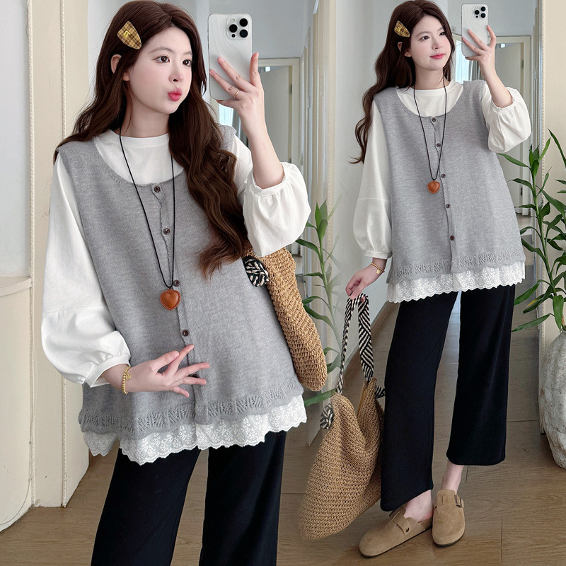 Actual Shot of 2026 New Spring Style Pure Cotton Casual Loose Long-Sleeve Top + Korean-Style Lace Patchwork Knitted Vest Maternity Set Actual Shot of 2026 New Spring Style Pure Cotton Casual Loose Long-Sleeve Top + Korean-Style Lace Patchwork Knitted Vest Maternity Set