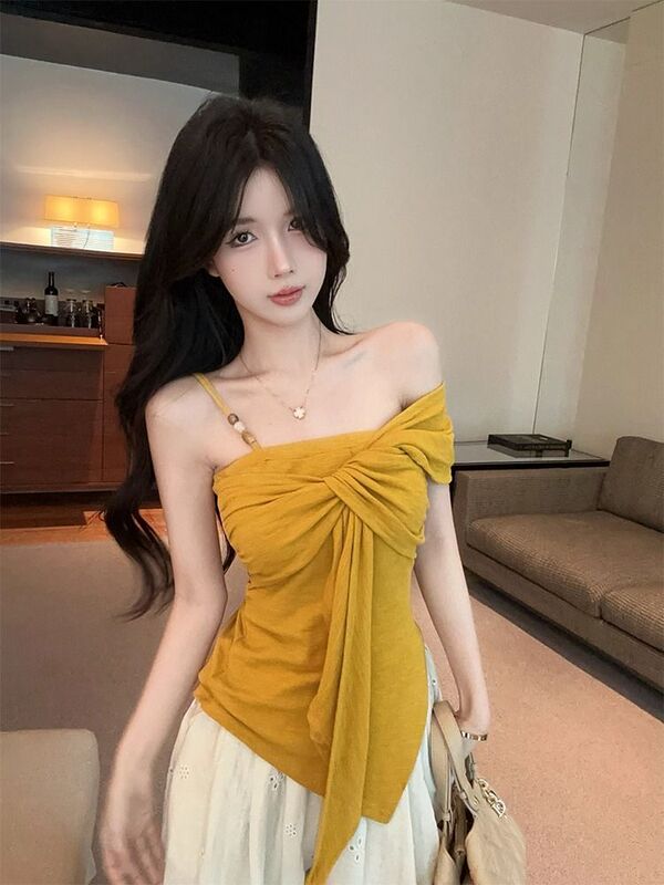 温柔风不规则女吊带2025夏新独特设计蝴蝶结掐腰抹胸无袖上衣露肩|undefined