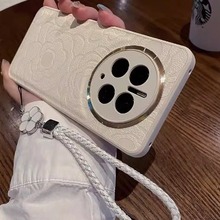 简约ins纯色山茶花皮质适用iPhone14/15手机壳mate60pro女P70新款