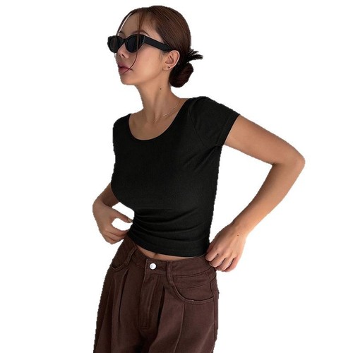 KELICOPY Yoga Top with Semi-Fixed Cups, Western-Style Outerwear Sport Short-Sleeve T-Shirt for Women, Breathable Fitness Top