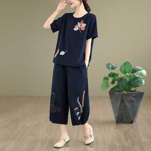 Actual Shot of Mother's Summer Short-Sleeved Suit 2025 New Style Top Middle-Aged and Elderly Women's Cotton and Linen T-Shirt Two-Piece Set