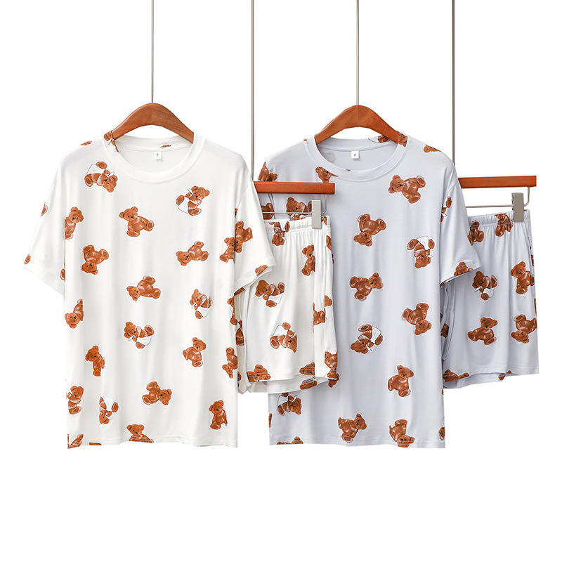 Modal Summer Women's Pajamas Cartoon Bath Towel Bear Thin Short Sleeve Shorts Cartoon Round Neck Home Clothes