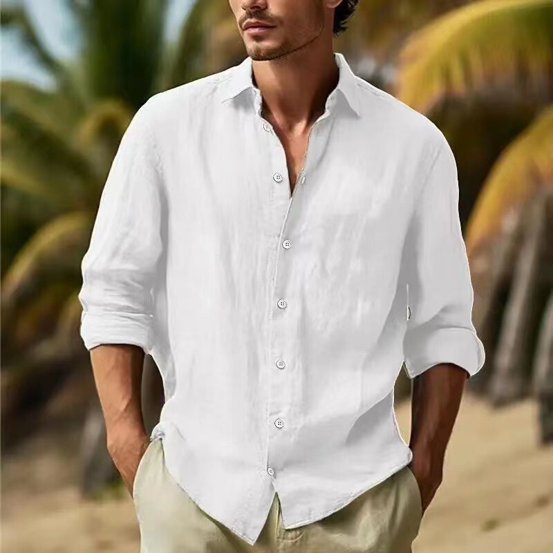 2023 AliExpress independent station Amazon Men's linen shirt button shirt summer beach shirt solid color..