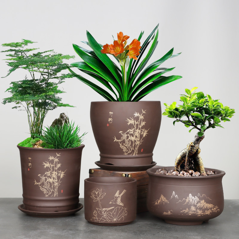 紫砂兰花盆中国风简约盆栽室内文竹盆陶瓷花盆带托盘君子兰蝴