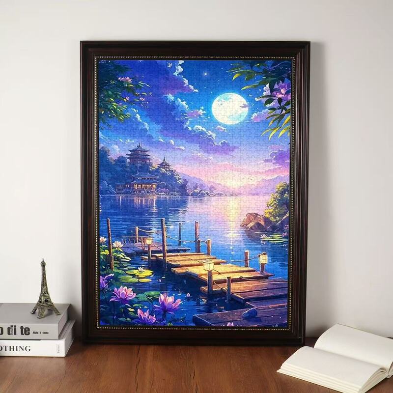 1000-Piece Puzzle Framed Winter Lantern Couple Picture Frame Oil Painting Outer Frame Black American French Vintage Palace Style Display Stand