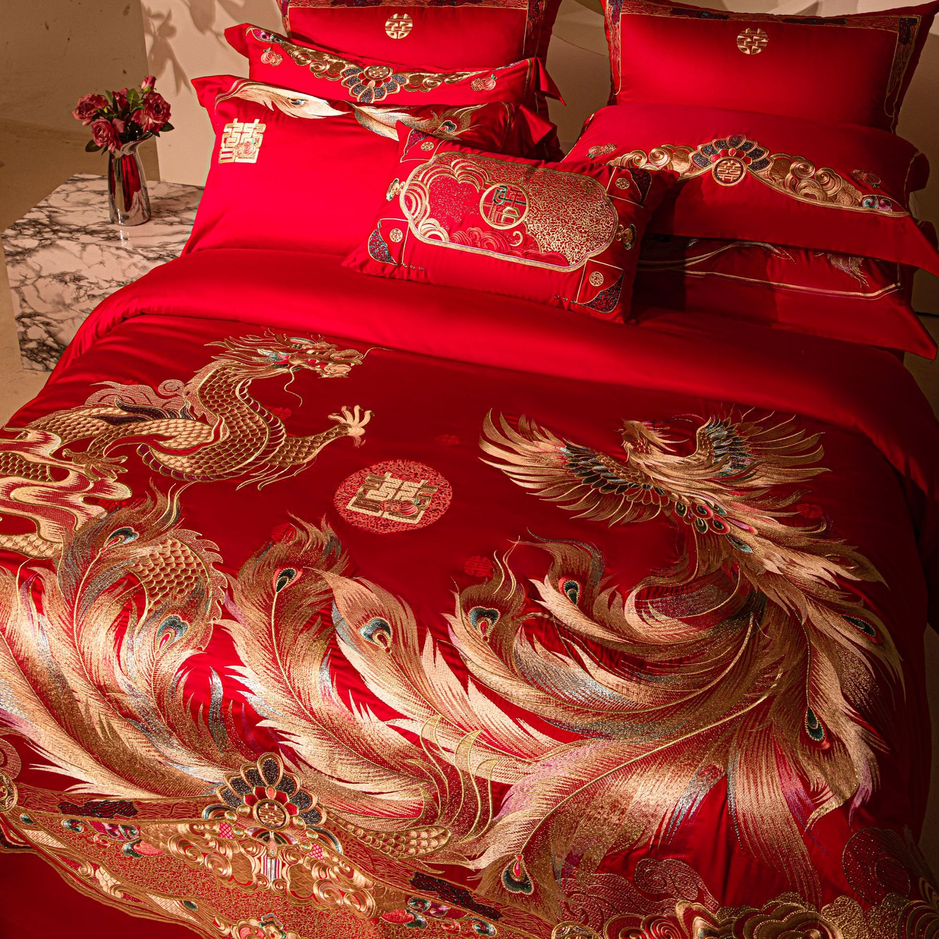 豪华龙凤刺绣新婚全棉贡缎四件套婚房婚庆女方家陪嫁结婚床上用品