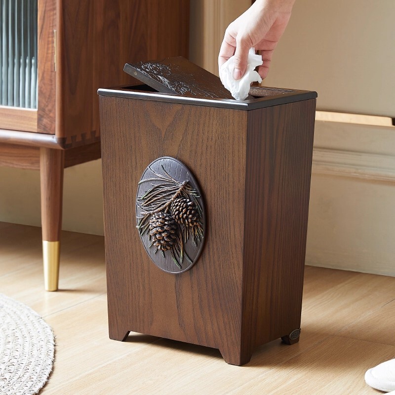 Nalandohao Retro Trash Can Wooden Large Office Wastebasket Living Room Kitchen Household Trash Can with Lid