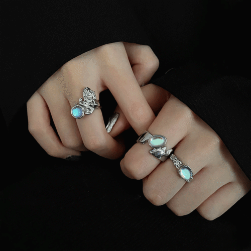 Opal Moonstone Couple Open Ring for Women Summer Instagram Trendy Minority Design Light Luxury Index Finger Ring High-End Ring