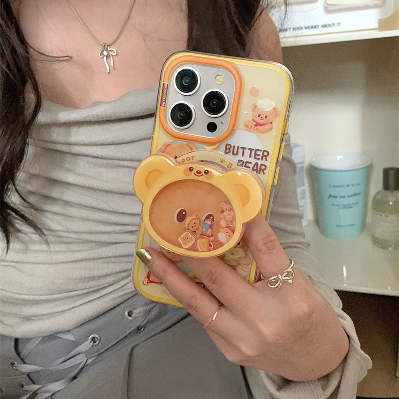 Lindo y divertido oso de mantequilla para iPhone16PRROMAX creativo 14/15Pro magnético 13p corazón de niña