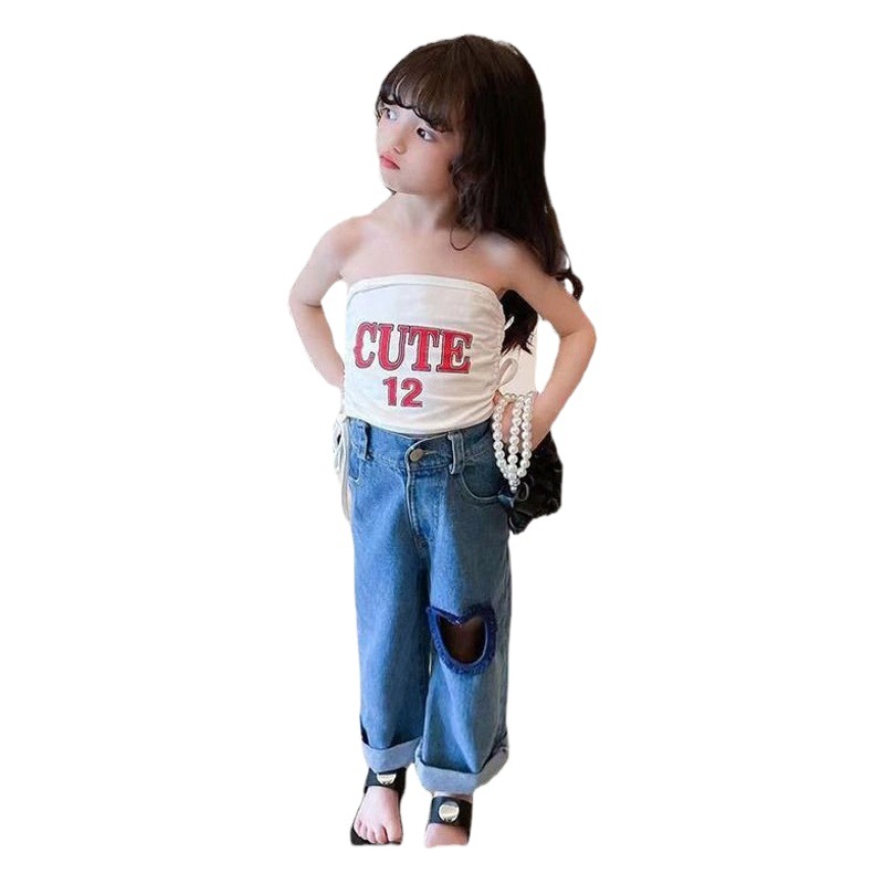 Niñas Chaleco de verano bebé estilo occidental Personalidad Infantil marca de moda estilo de Hong Kong estilo coreano fuera del hombro de moda carta tubo superior