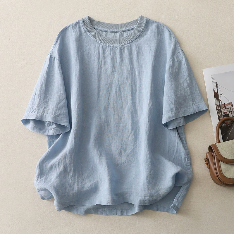 Реальные фото: Новая женская футболка в винтажном стиле 2026 года, с круглым вырезом, коротким рукавом, в рубчик, с декоративными вставками, повседневный пуловер.